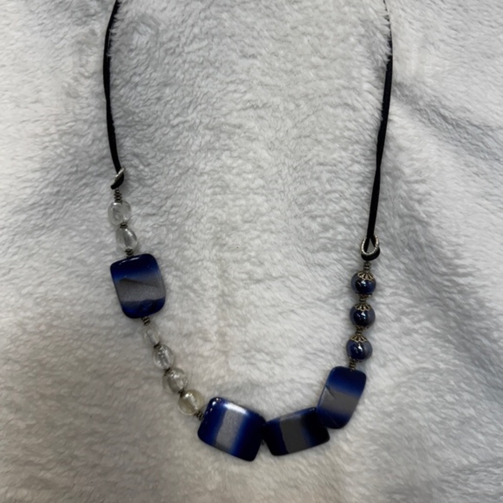 Handmade Necklace Blue Silver Shell Porcelain Beads 26" Statement